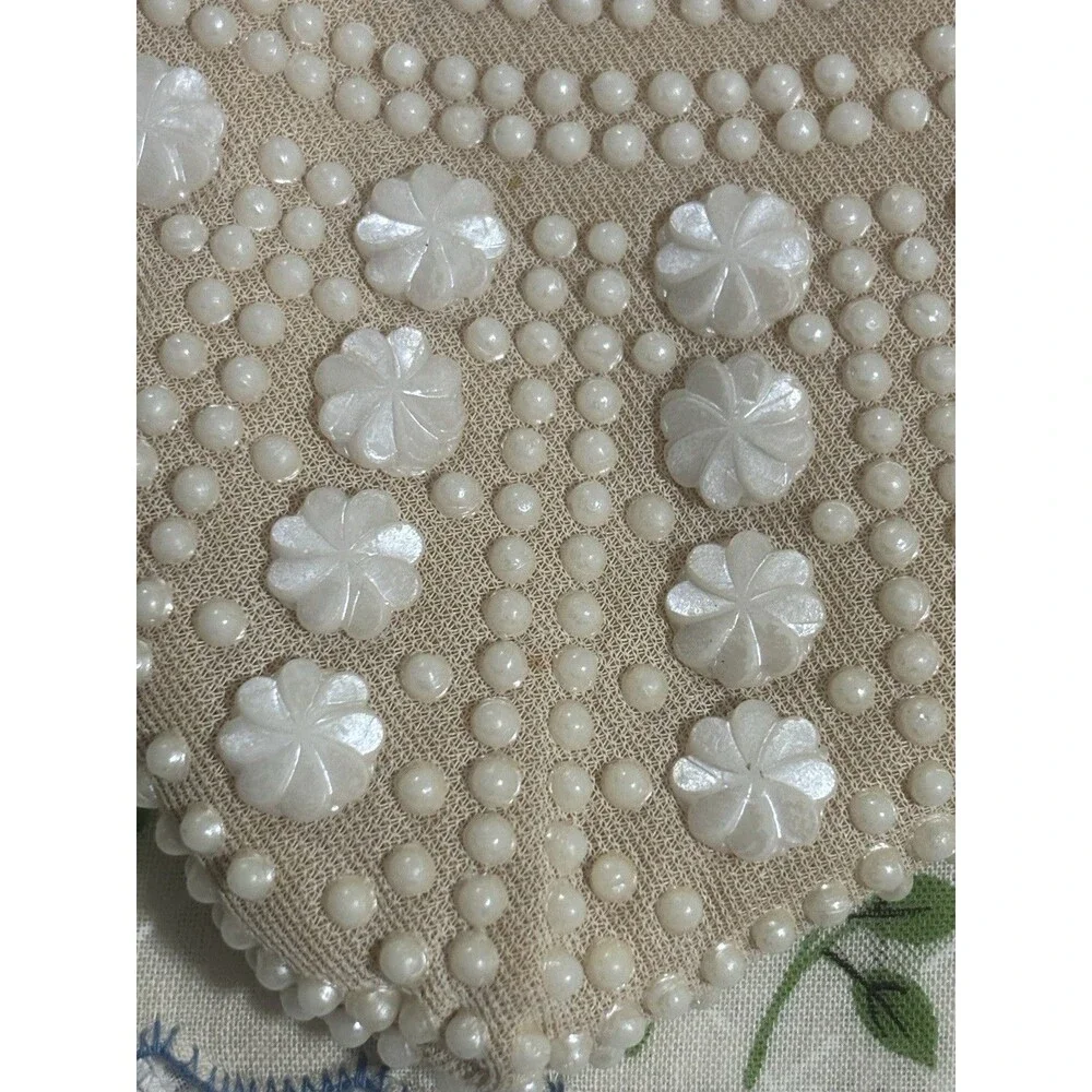 Vintage 1960s Beaded Floral Evening Bag Ivory Metal Frame Chain Strap Hong Kong